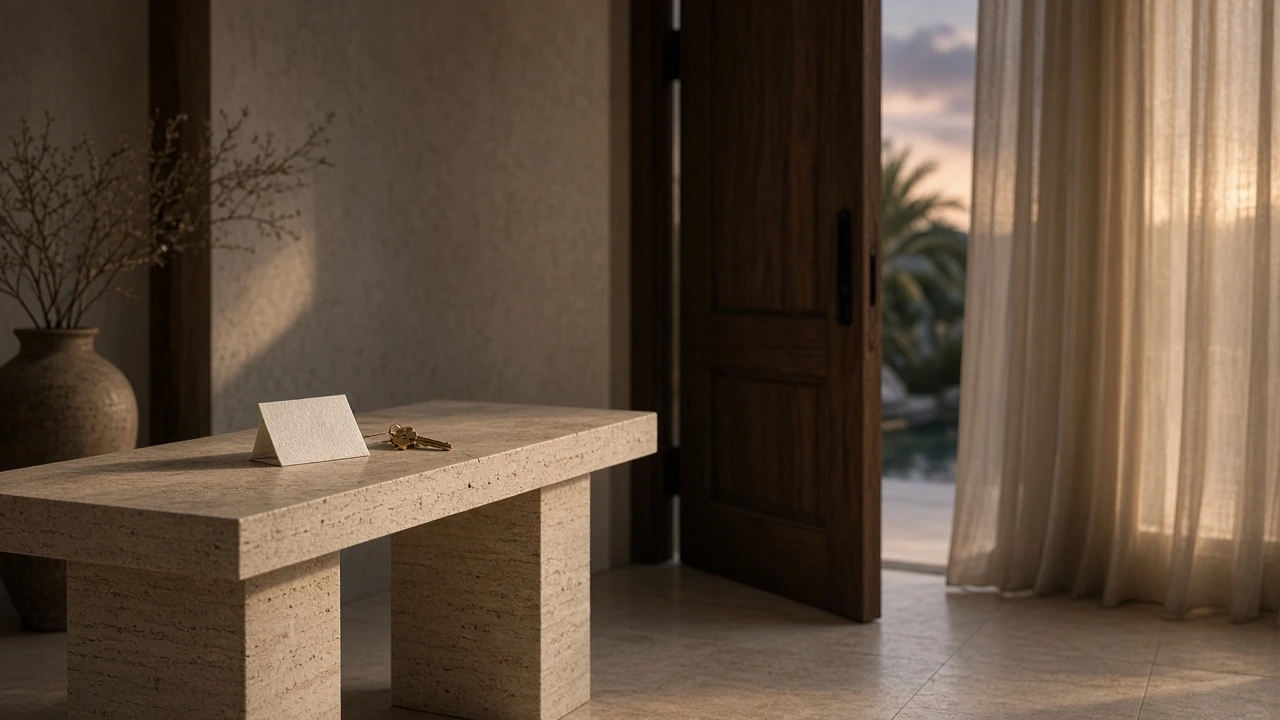 Keys on a stone console beside an open residence door