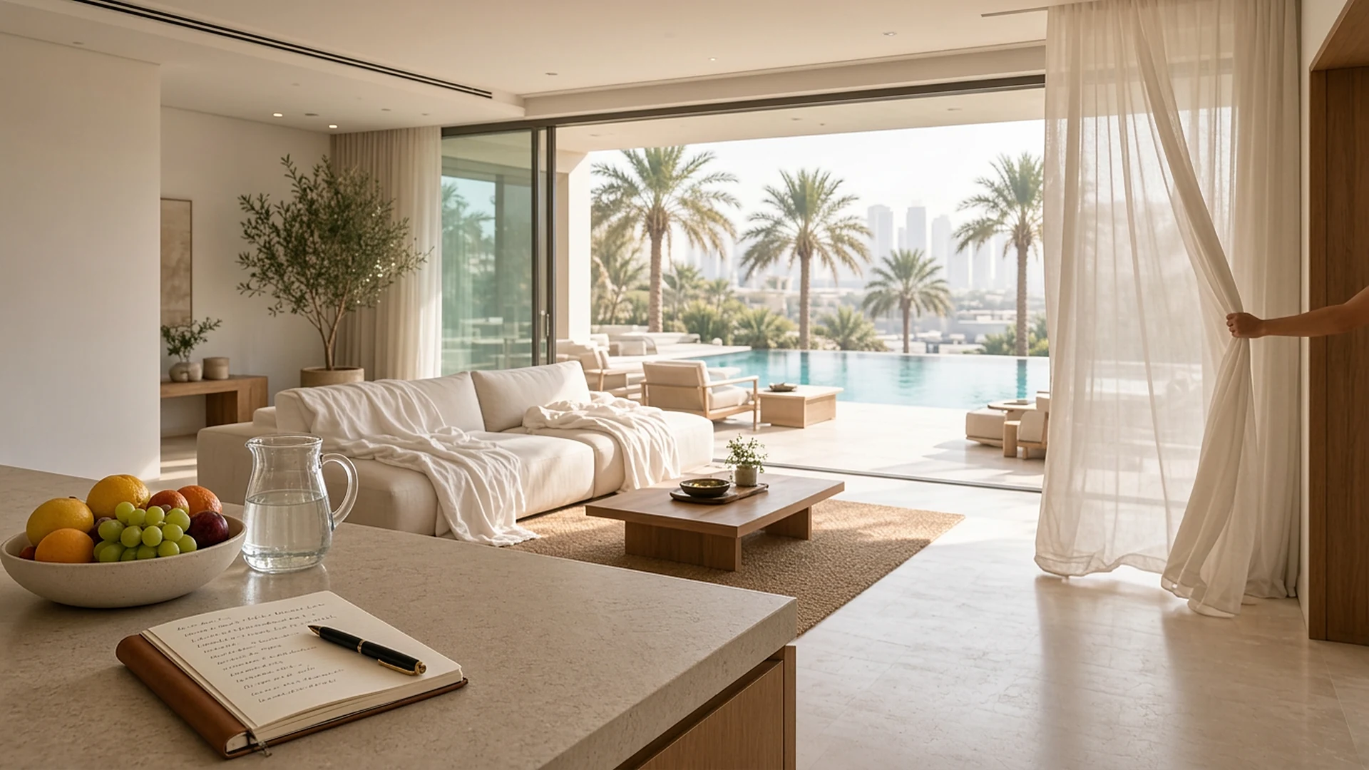 Sunlit Dubai villa living room with curtains being opened, fresh fruit, water and a handwritten checklist on the kitchen island