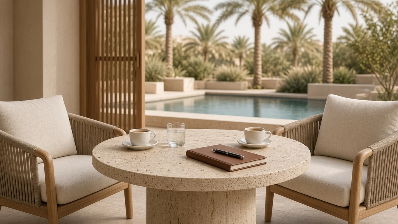 Two coffee cups and a notebook on a villa terrace in Dubai, set for a first meeting