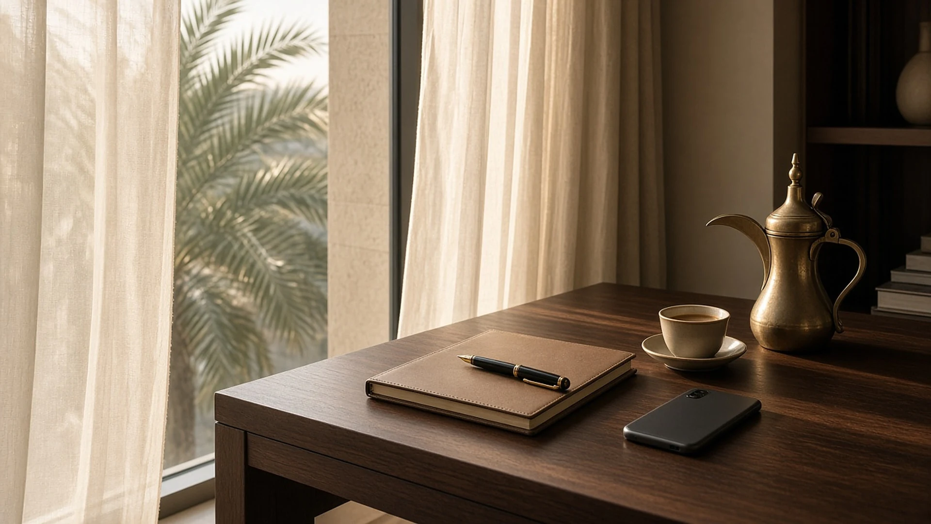Notebook, pen, coffee and brass coffee pot beside a sunlit window