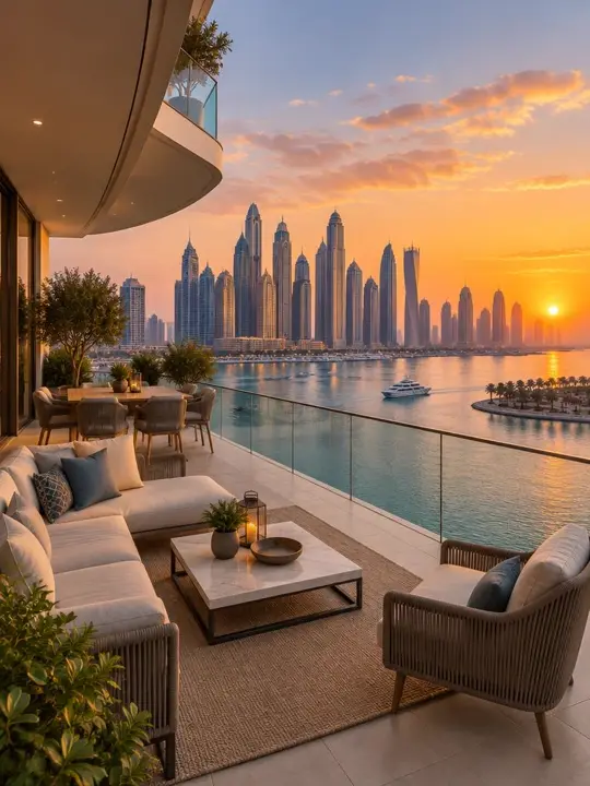 Island terrace facing the Dubai Marina skyline at sunset