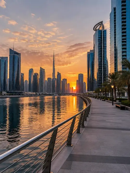 Dubai Water Canal promenade in Business Bay at sunset