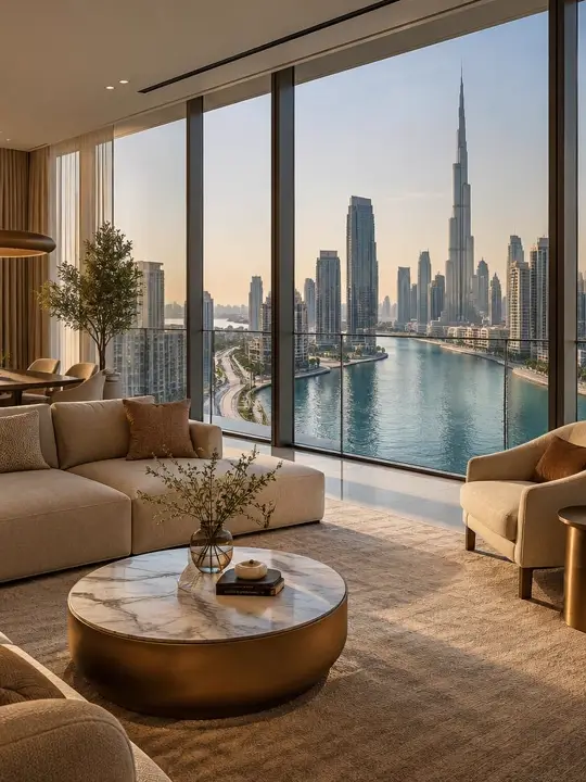 Canal-view apartment in Business Bay with Burj Khalifa beyond