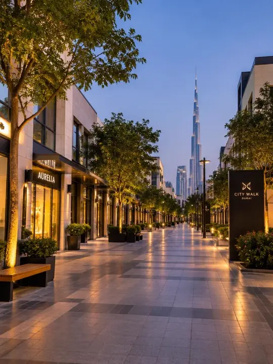 Tree-lined City Walk street in the evening