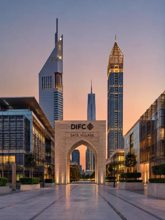 Gate Village arch and DIFC towers at dusk