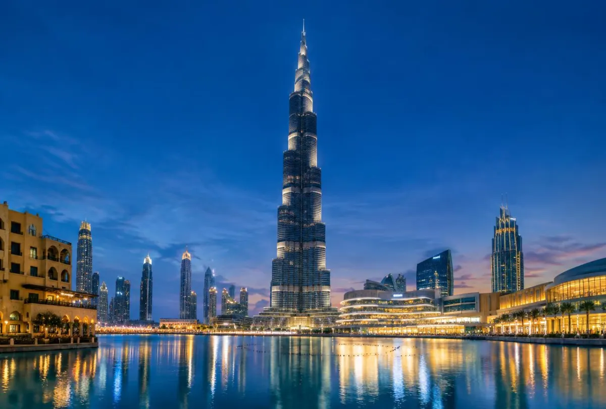Alaqaranlıqda Burj Khalifa və Dubai Fountain gölü