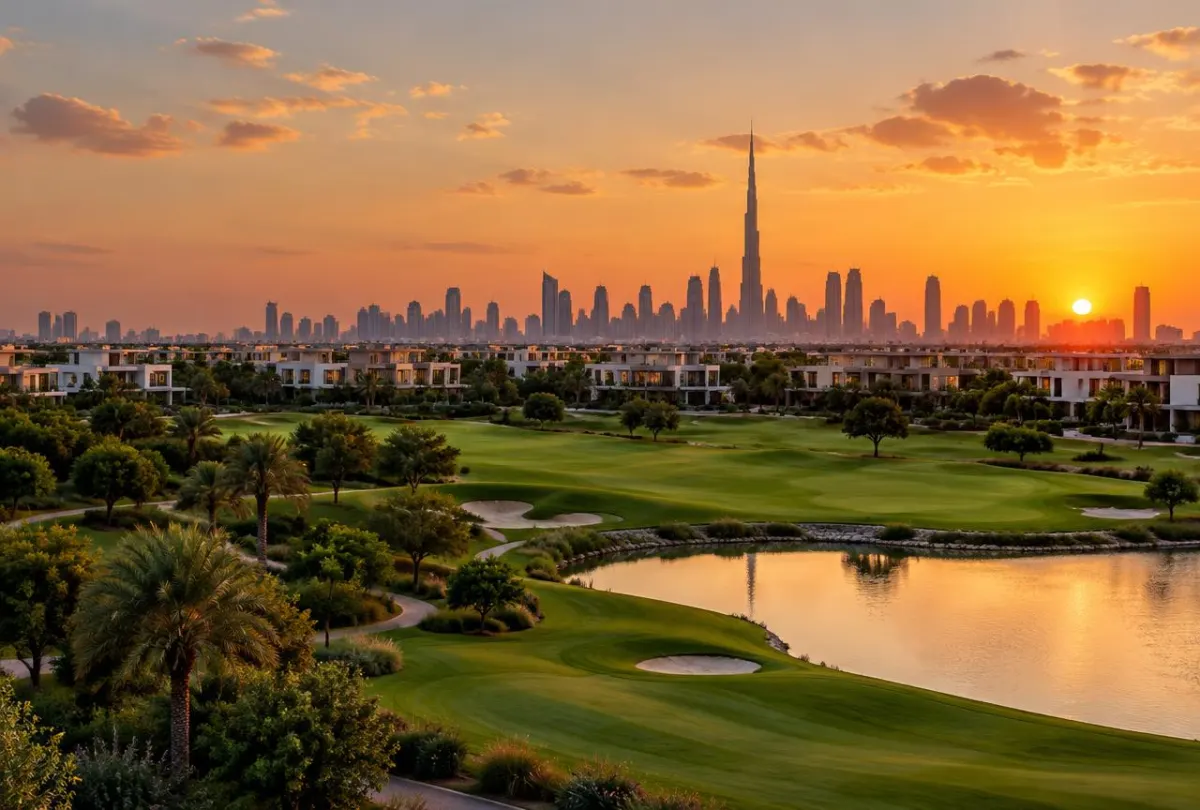 Gün batımında Downtown siluetli Dubai Hills Estate qolf sahəsi