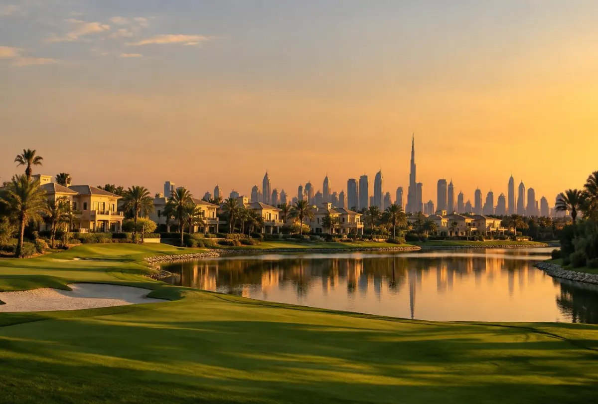 Gün batımında Emirates Hills-də qolf sahəsi gölü və villalar