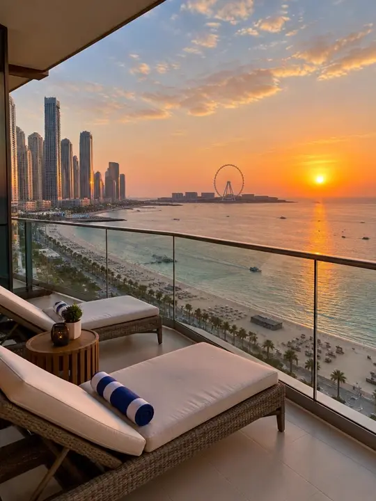 Seafront balcony at JBR overlooking the beach at sunset