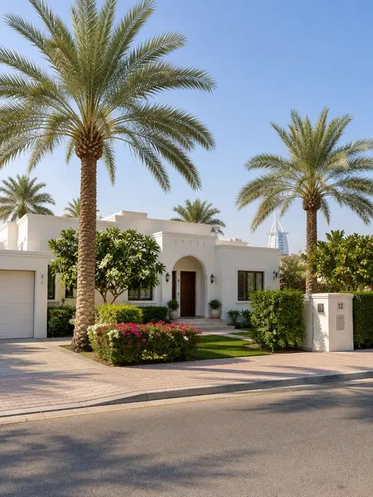 White family villa with palm trees in Jumeirah