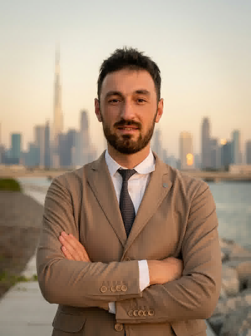Natig Rashidli, founder of SETTRA, standing with Dubai skyline in the background