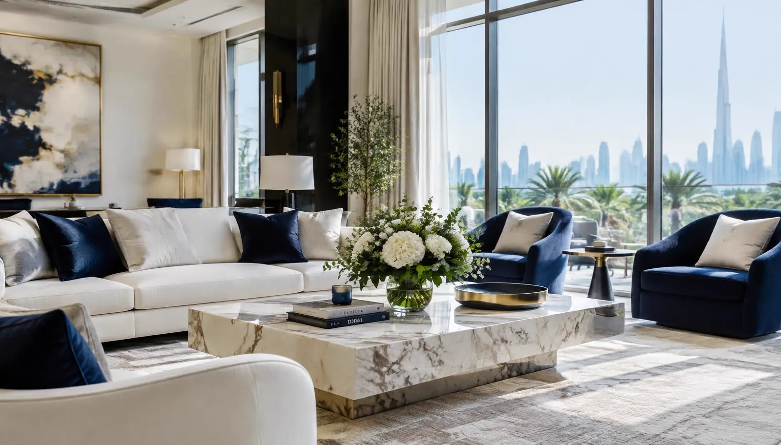 Gül dəstəli, sakit və səliqəli villa qonaq otağı
