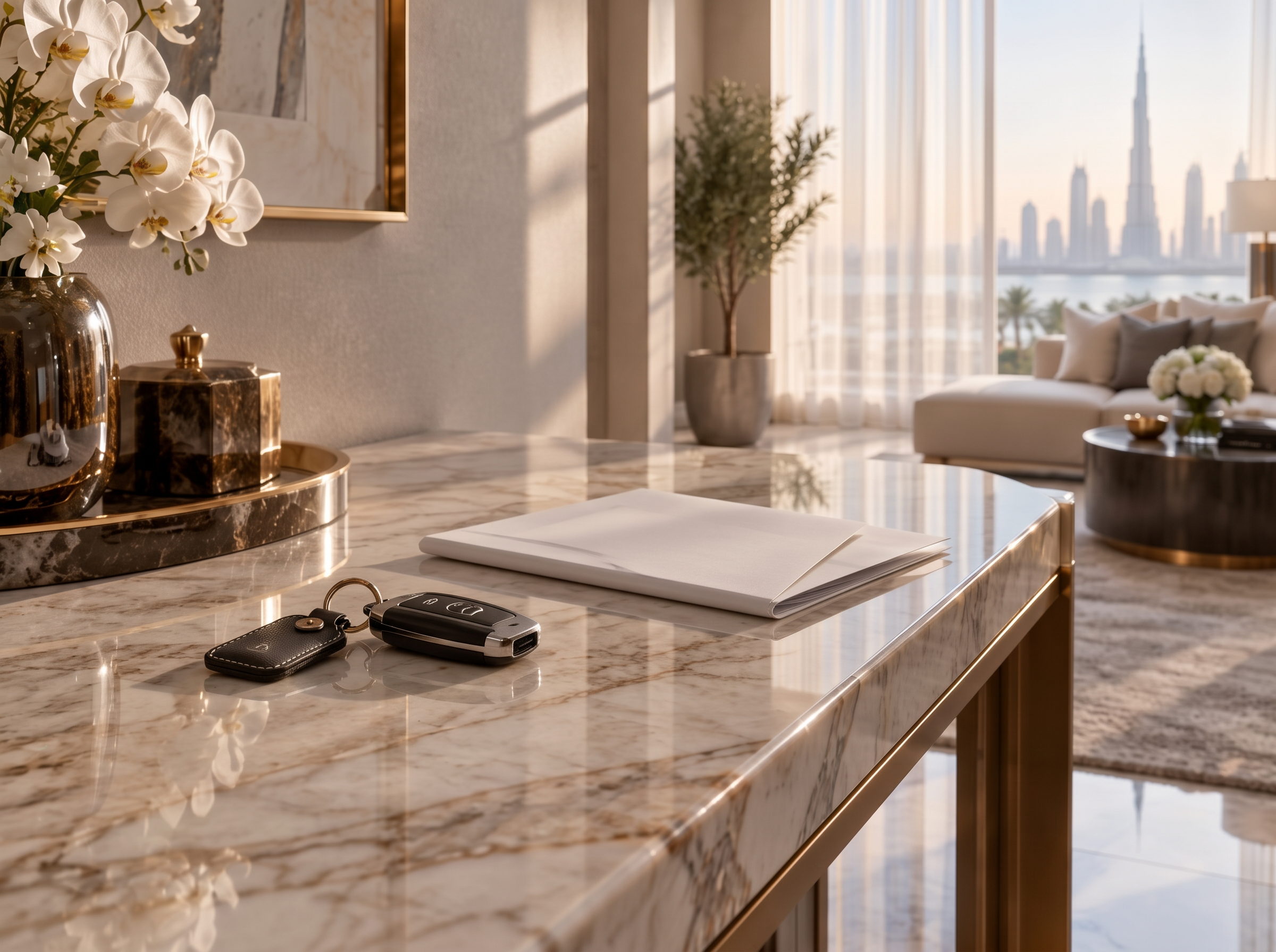 Car keys and a folded contract on a marble console in a bright Dubai villa interior
