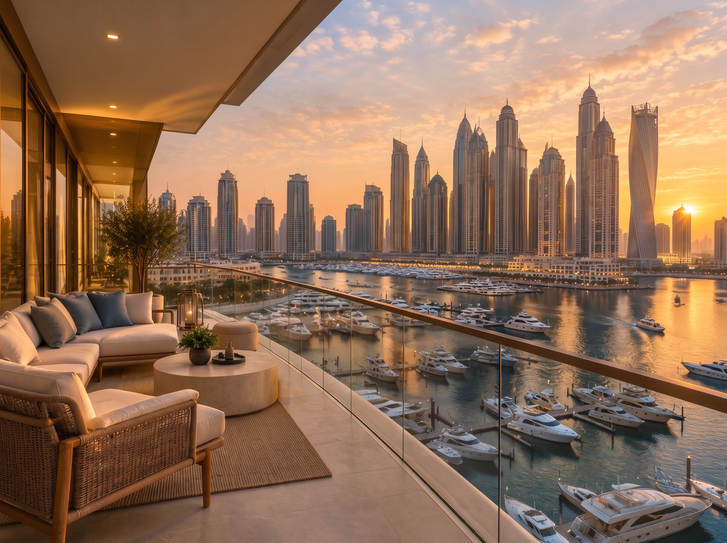 Luxury Dubai Marina apartment balcony at sunset overlooking yachts and the Marina skyline