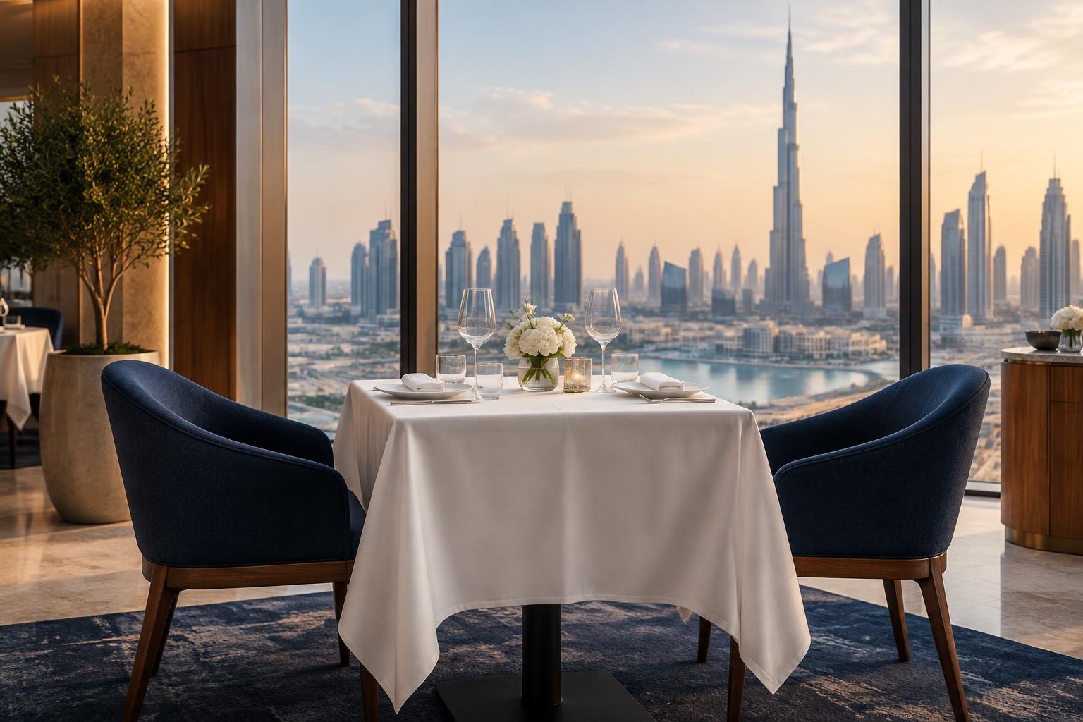 Table for two with white flowers in a Dubai restaurant overlooking the skyline