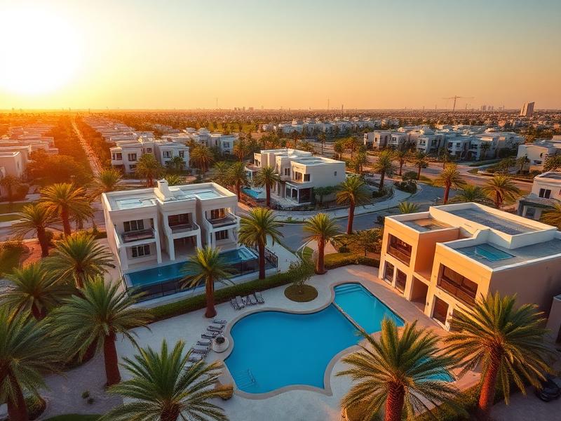 Tree-lined boulevard in a luxury Dubai residential community with villas