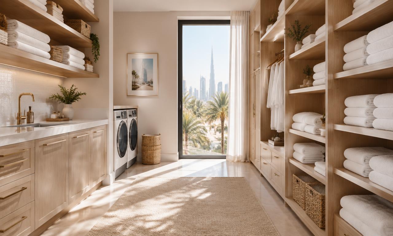 Villa linen room with folded white towels on wooden shelves and a window view of the Dubai skyline