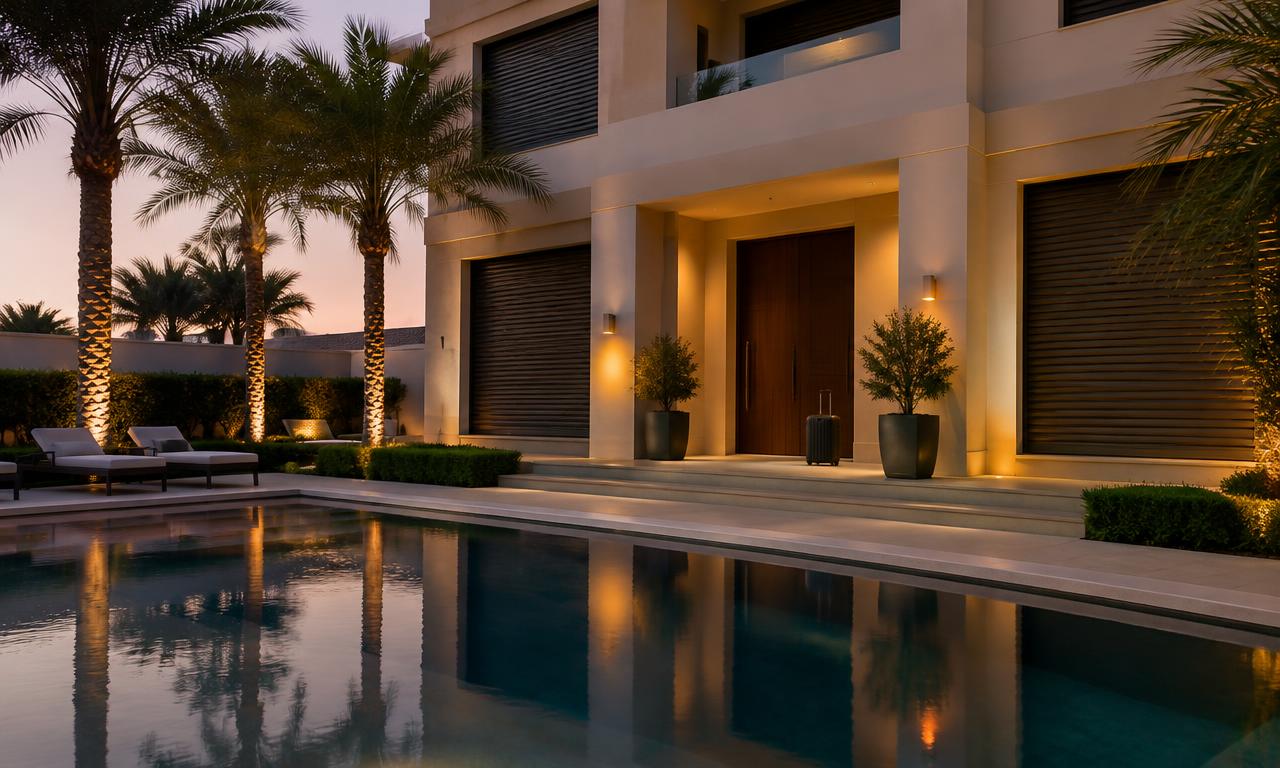 Villa entrance at dusk with a suitcase by the front door, closed shutters and a pool in front