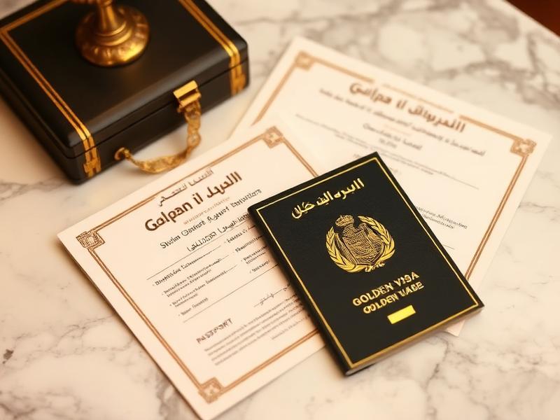 Mərmər masa üzərində BƏƏ Golden Visa müraciət sənədləri və pasport
